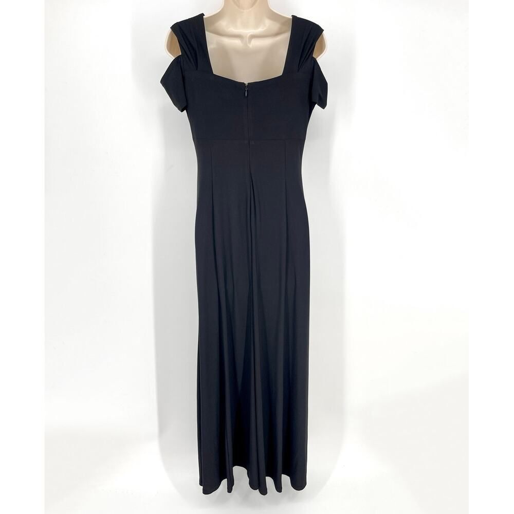 R & M Richards Cold Shoulder Rhinestone Brooch Gown Maxi Dress Sz 6 Black Split - Picture 6 of 13